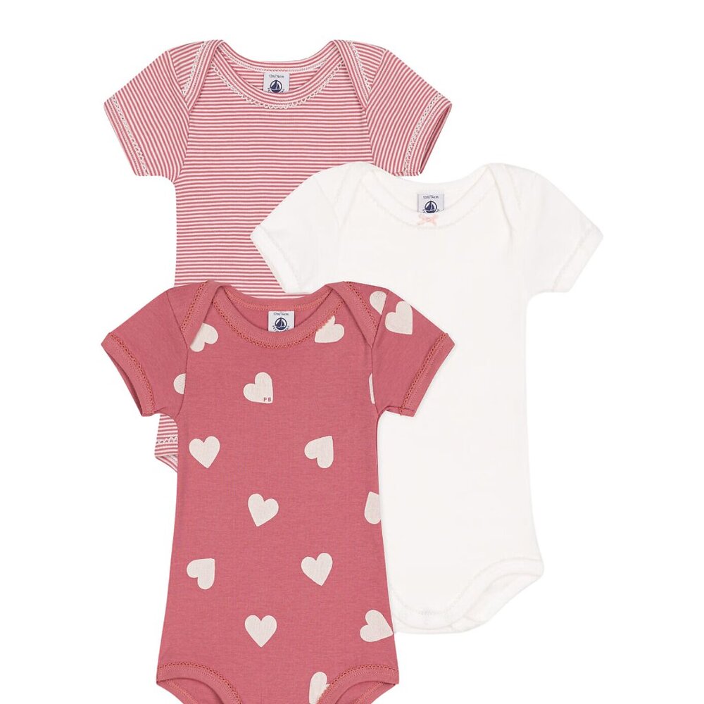 Petit Bateau Short-Sleeved Hearts and Stripes Cotton Bodysuits